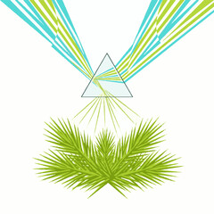 Naklejka premium Abstract illustration of a glass prism refracting light rays onto green palm leaves.