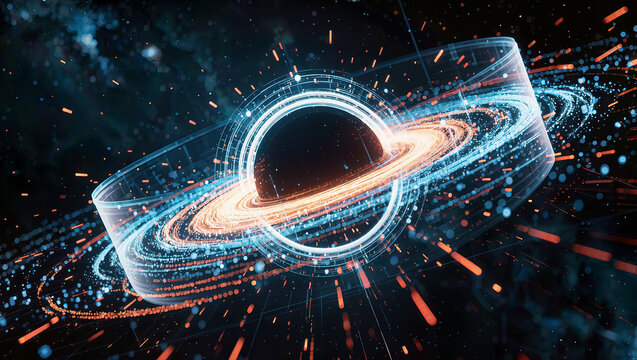 Abstract Black Hole in Space: A stylized representation of a black hole with swirling accretion disk and glowing cosmic particles, evoking the mystery and power of the universe.