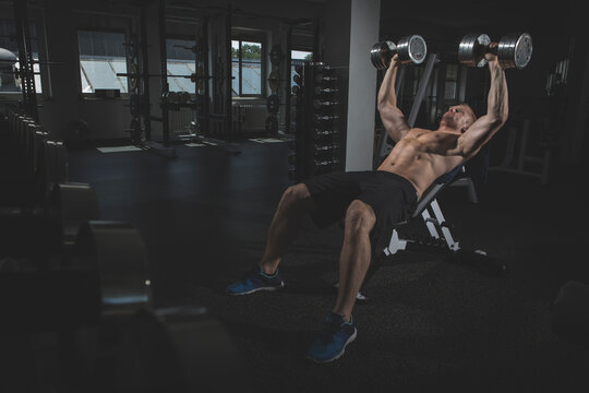 Physical athlete doing bench presses with dumbbells