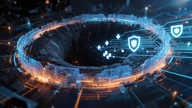 Digital Security Vortex: An abstract representation of digital security, showcasing a swirling vortex of glowing circuits, data streams, and protective shield icons.