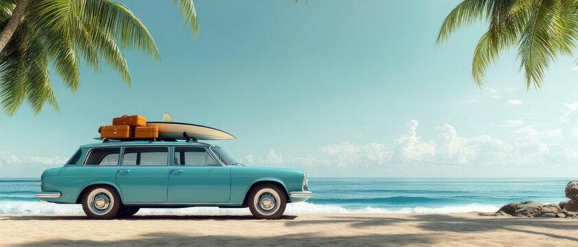 retro turquoise station wagon with surfboard and luggage on the roof parked on a sandy beach under palm trees by a calm ocean, carefree summer nostalgia