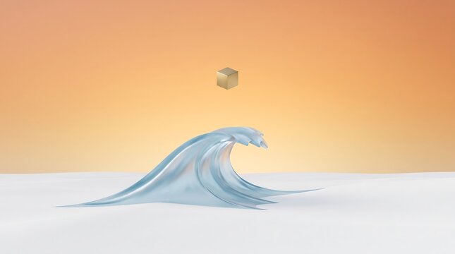 Abstract water wave flowing with floating metallic cube against soft gradient background floating abstract metallic gradient background creative geometry composition simulated reflective