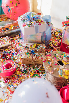 Various gifting material and party decoration on desk
