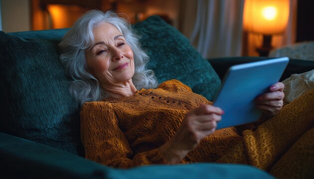 older woman with gray hair reclining on a teal sofa in a knitted mustard sweater, holding a tablet under warm lamp light, relaxed and cozy