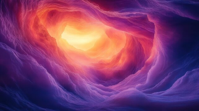 Swirling cloudlike tunnel of purple and orange light with a radiant warm center, ethereal dreamy atmosphere conveying awe and serene mystery