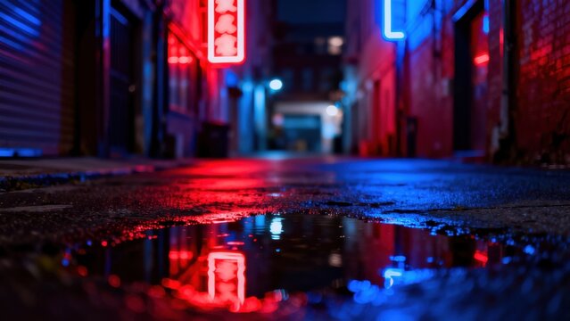 Neon lit alley with puddle reflection