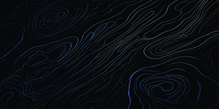 Topographic map lines pattern with glowing blue and white contours on a black background topography abstract geography elevation cartography technical background navigation geometric