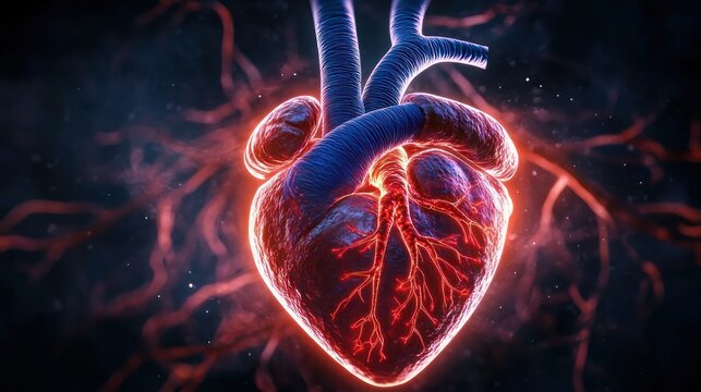 glowing anatomical human heart with vivid arteries and veins, pulsating with life and intense energy against a dark vascular background