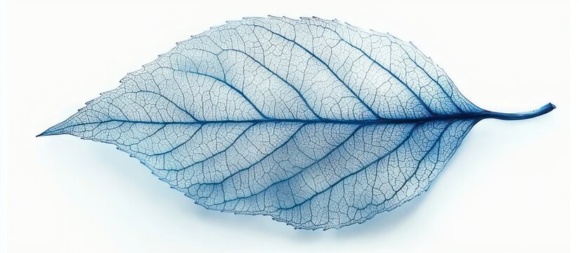 delicate translucent blue leaf skeleton with intricate veins on white background, calm and fragile mood