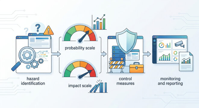 Framework overview with icons for heat map, likelihood, impact, KRI, scenario analysis and control testing.
