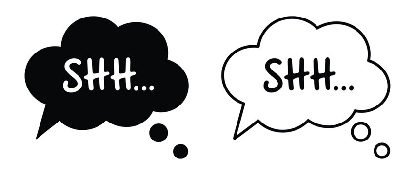 Two speech bubbles with the word SHH... inside, one black and one white, indicating silence or secrecy