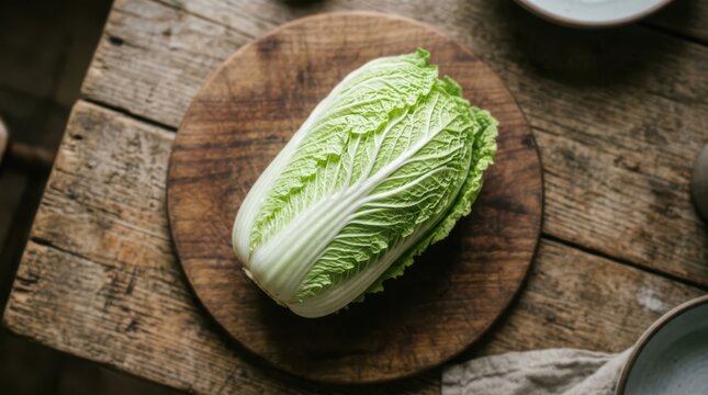 Fresh napa cabbage on a wooden cutting board on a rustic table