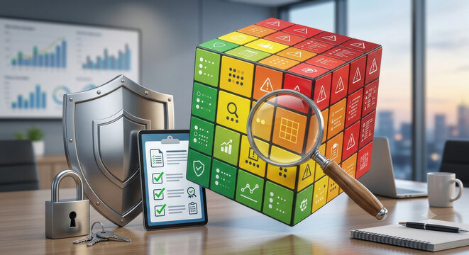 3D colored risk matrix cube representing likelihood vs impact levels and residual vs inherent views.