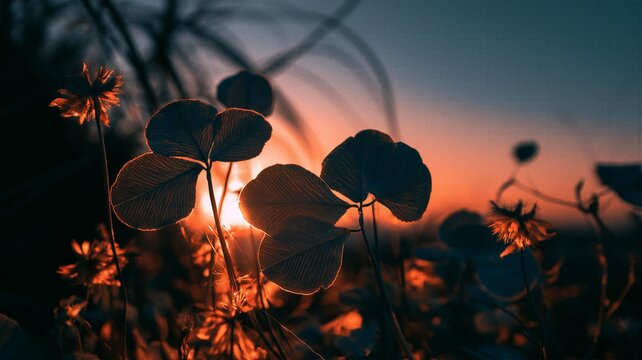 Artistic macro silhouette of wild clover leaves illuminated by vibrant glowing orange sunset light