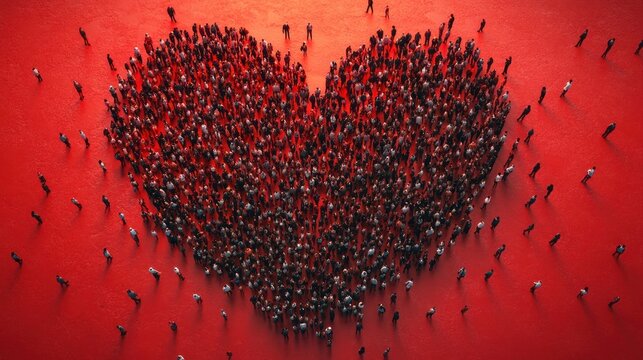 aerial view of hundreds of people gathered into a giant heart shape on a red surface, conveying unity, love, solidarity and togetherness