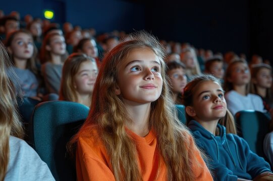 young audience in a dark cinema, girl in orange sweater watching intently, atmosphere of wonder and focus