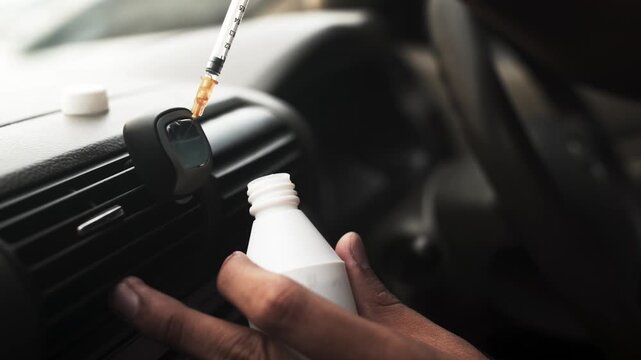 Hand Injecting Liquid into Car Air Freshener Bottle
