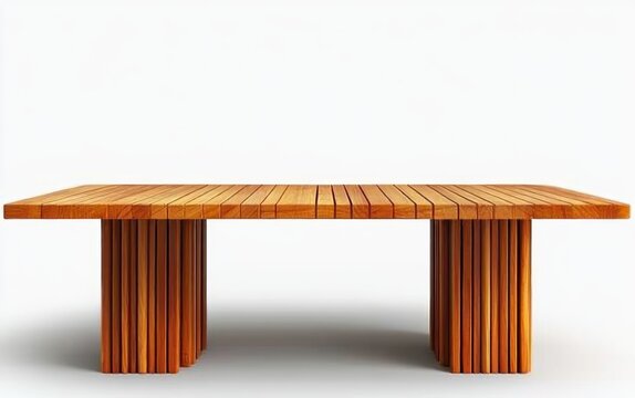 warm minimalist wooden slatted table with two column supports on white background, calm modern design
