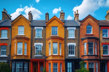 Fototapeta premium cheerful colorful row of Victorian terraced houses with bay windows, chimneys and decorative facades under a bright blue sky