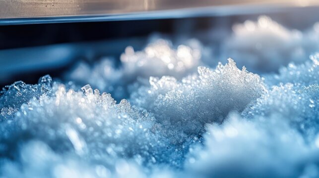 close-up of sparkling crushed ice and frost crystals under cool blue light beside a metal edge, conveying crisp cold and serene winter calm