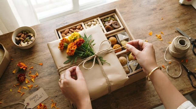 Hands wrapping colorful gift hamper with flowers and sweets on wooden table top view