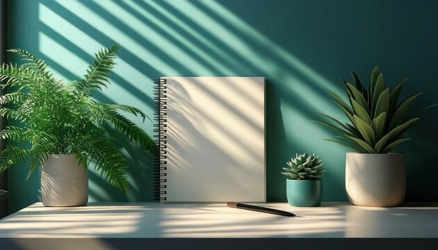 sunlit minimalist workspace with blank spiral notebook, pen and three potted plants casting striped blind shadows, calm tranquil and cozy mood