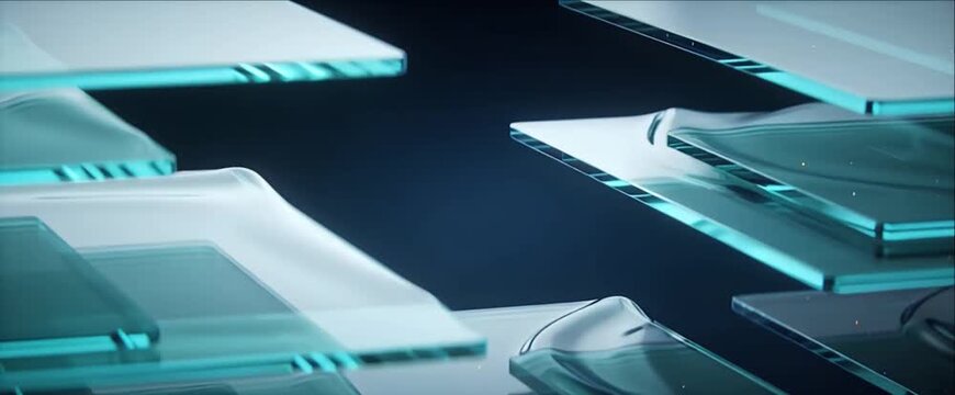 Abstract technology background futuristic interface with floating glass panel layers, blue neon light reflections, 3d render digital network concept, sleek modern sci fi design, depth and copy space