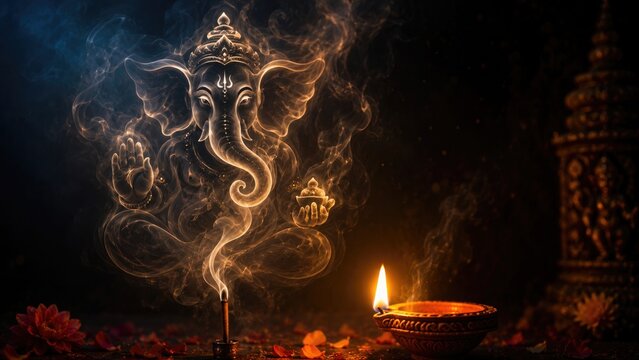 Happy diwali ethereal ganesha formed from smoke with traditional oil lamp and floral decorations