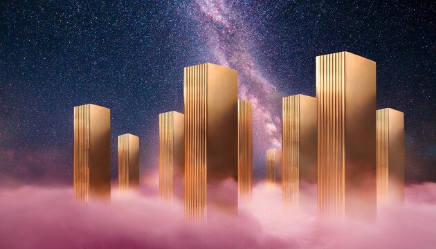 Gilded Monoliths Rising From Blush Vapor In Infinite Space