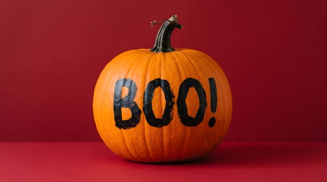Halloween pumpkin with the word boo painted in black on a red background