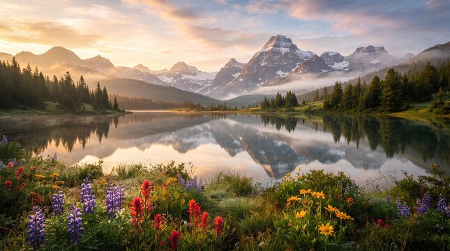 Golden Sunrise Over a Peaceful Mountain Lake