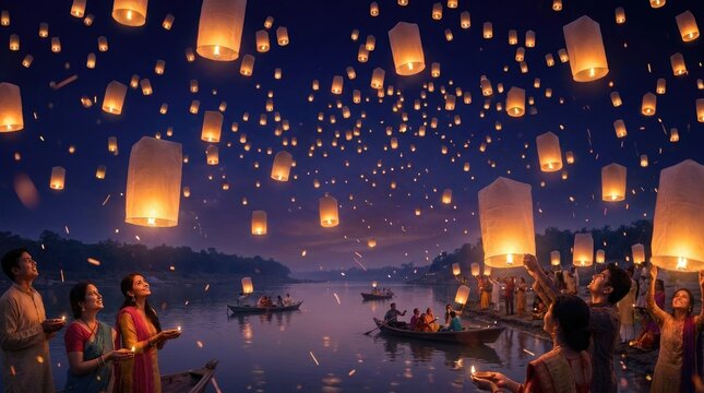 Happy diwali celebration lanterns over river ganges india festive lights and joyful people