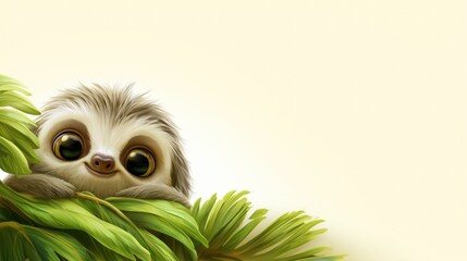 Obraz premium Cute Baby Sloth Peeking Through Tropical Leaves with Copy Space 3D Illustration