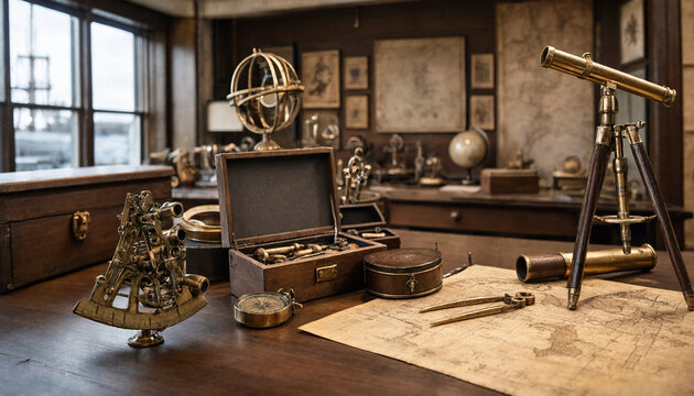 Vintage brass scientific and navigation instruments including a sextant, telescope, and armillary sphere on a desk with a map and box