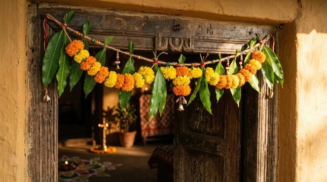 Happy diwali decorations vibrant marigold toran garland on traditional indian doorway for festive celebrations