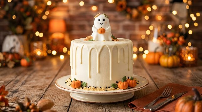 A festive halloween cake decorated with a cute ghost topper and small pumpkins on a rustic wooden table with warm fairy lights in the background
