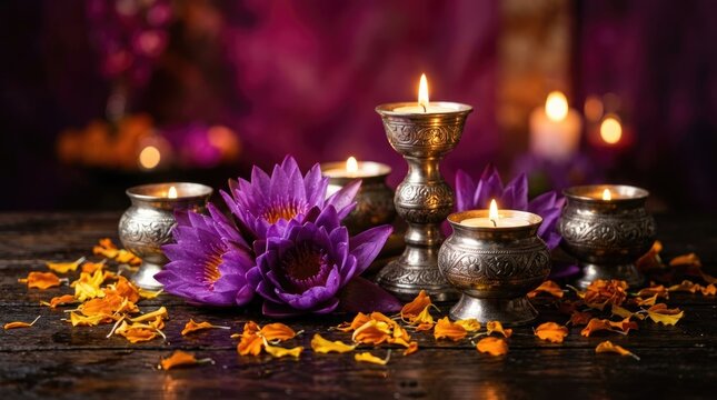 Happy diwali decorations with candles and purple flowers on dark wooden table with marigold petals