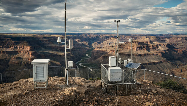 Weather monitoring station with electronic boxes and sensors on a rocky plateau overlooking a deep desert canyon with a winding river below