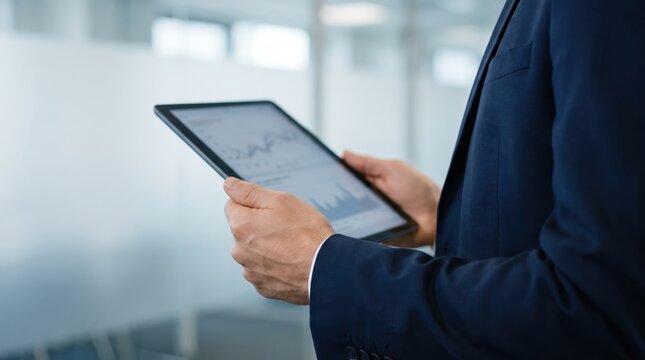 CloseUp Photo of Businessperson Torso in Navy Blue Suit Reviewing Financial Charts on Digital Tablet from Chest Down in Modern Office, Highlighting Corporate Financial Analysis, Data-Driven Business 