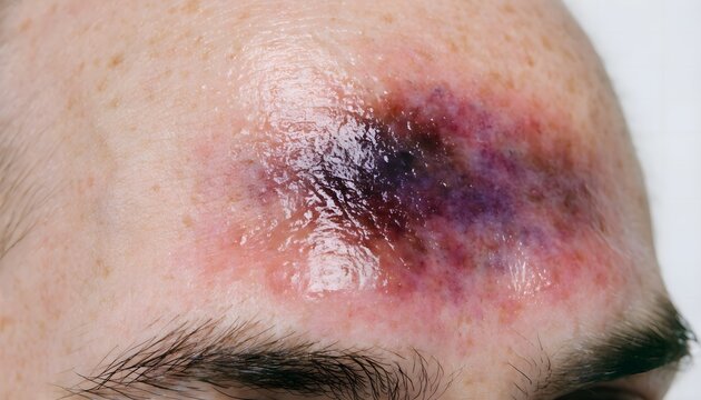 Close up of severe forehead bruise with swelling and hematoma on male skin for medical study.