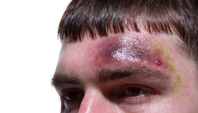 Detailed medical shot of bruised male face with skin inflammation and swelling on white background.