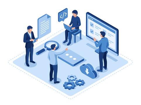 Four professionals collaborate within a blue isometric digital workspace, analyzing coding projects, reviewing documents, and managing shared cloud architectures