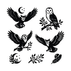 Naklejka premium Collection of black and white owl silhouettes with branches moons and feathers