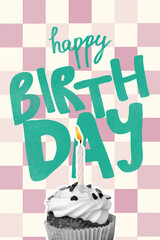 Fototapeta premium Happy birthday celebration with a cupcake and a candle on a checkered background