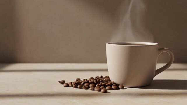 Minimal coffee composition with natural steam and generous copy space for caf&eacute; branding, hospitality marketing, websites, presentations, and commercial food advertising.