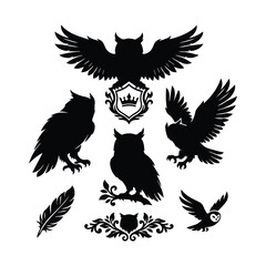 Naklejka premium Collection of stylized owls silhouettes and decorative elements for design