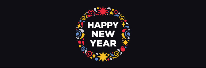 Happy New Year celebration greeting card with colorful decorative elements and text © Anilchandra