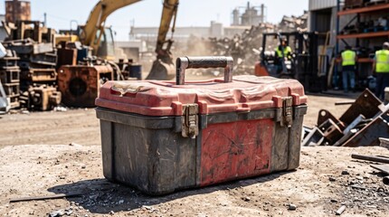 Fototapeta premium Melting Old Red and Black Plastic Toolbox on Construction Site with Blurred Excavator Forklift and Workers