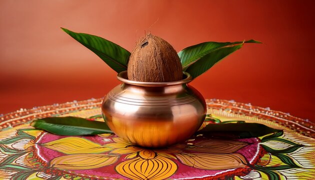 Gauri Avahan Minimalist Arrangement Of A Brass Kalash With A Coconut And Mango Leaves Placed On A Traditional Rangoli Pattern