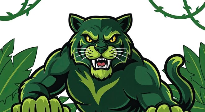 Aggressive muscular green panther mascot in jungle setting.